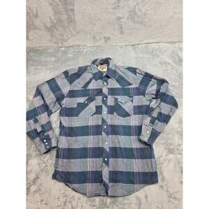 Authentic Western Youngbloods Mens Medium Plaid Pearl Snap Shirt Blue Green Long